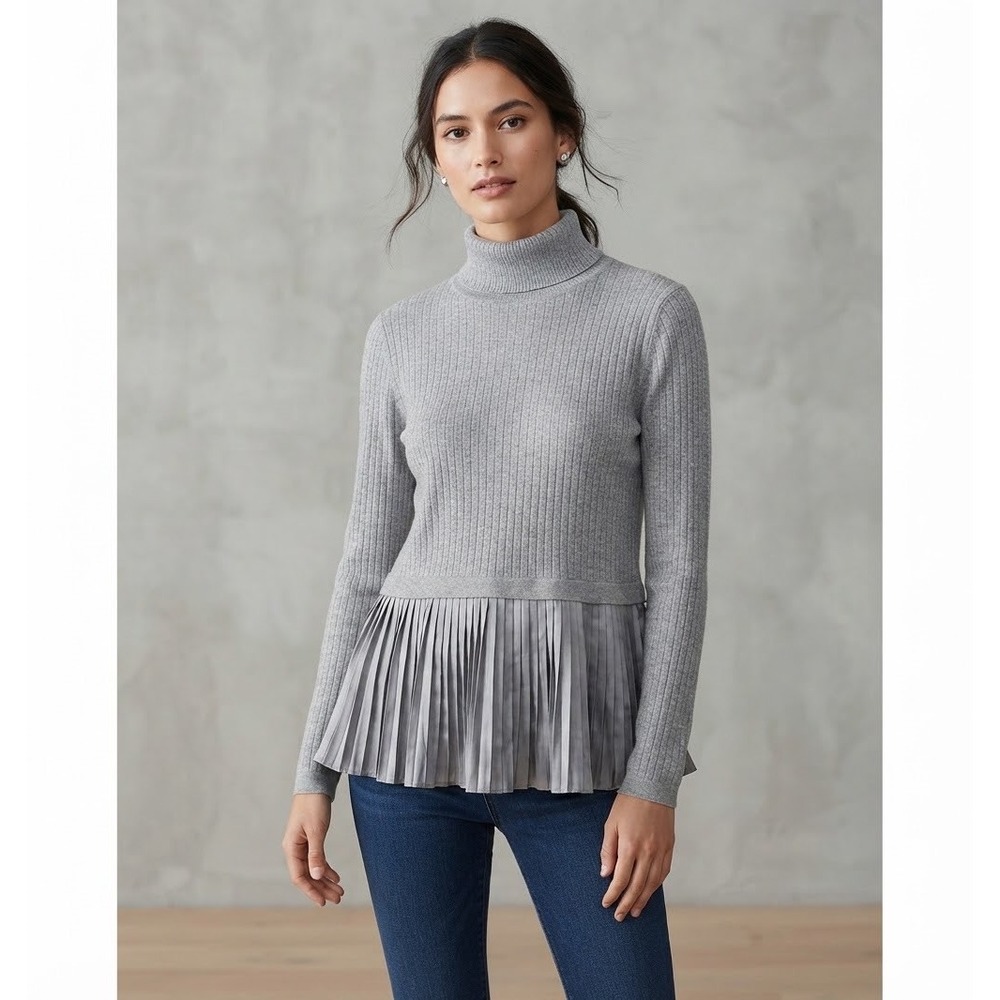 Nine West Women's Gray Ribbed Pleated Side Cowl Neck Sweater Fringe Top Size M